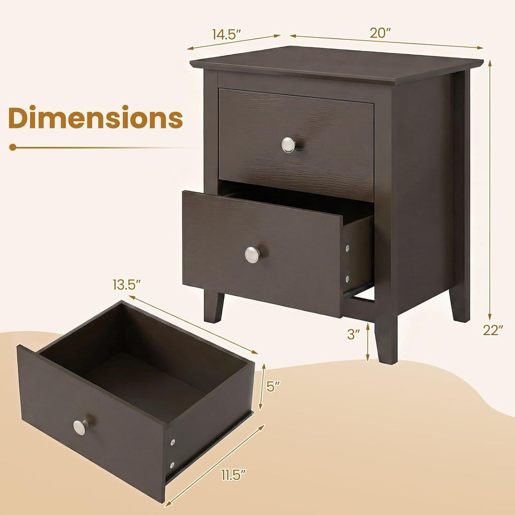Espresso 2‑Drawer Bedroom Nightstand Side Table