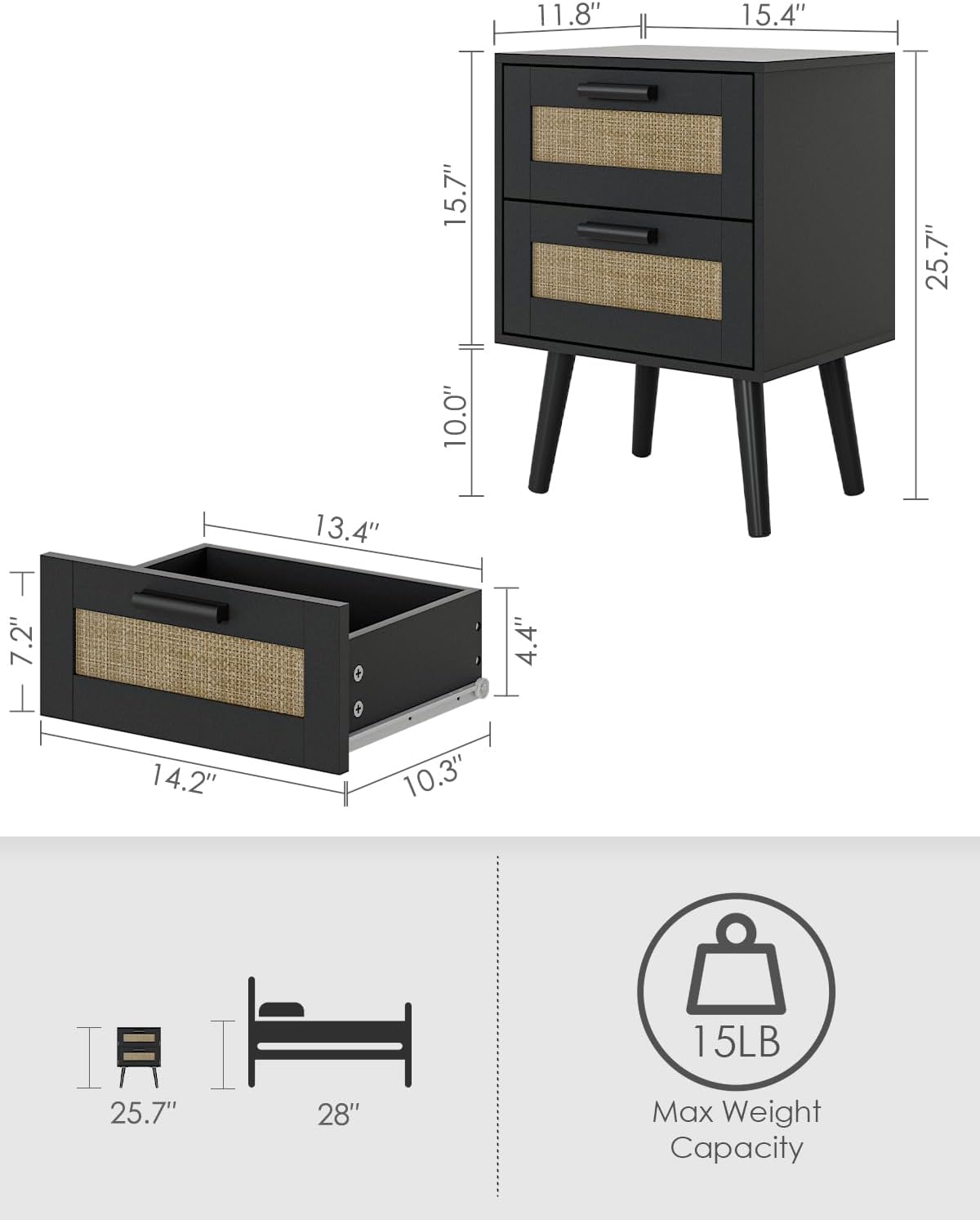 Black Rattan 2‑Drawer Bedroom Nightstand Table