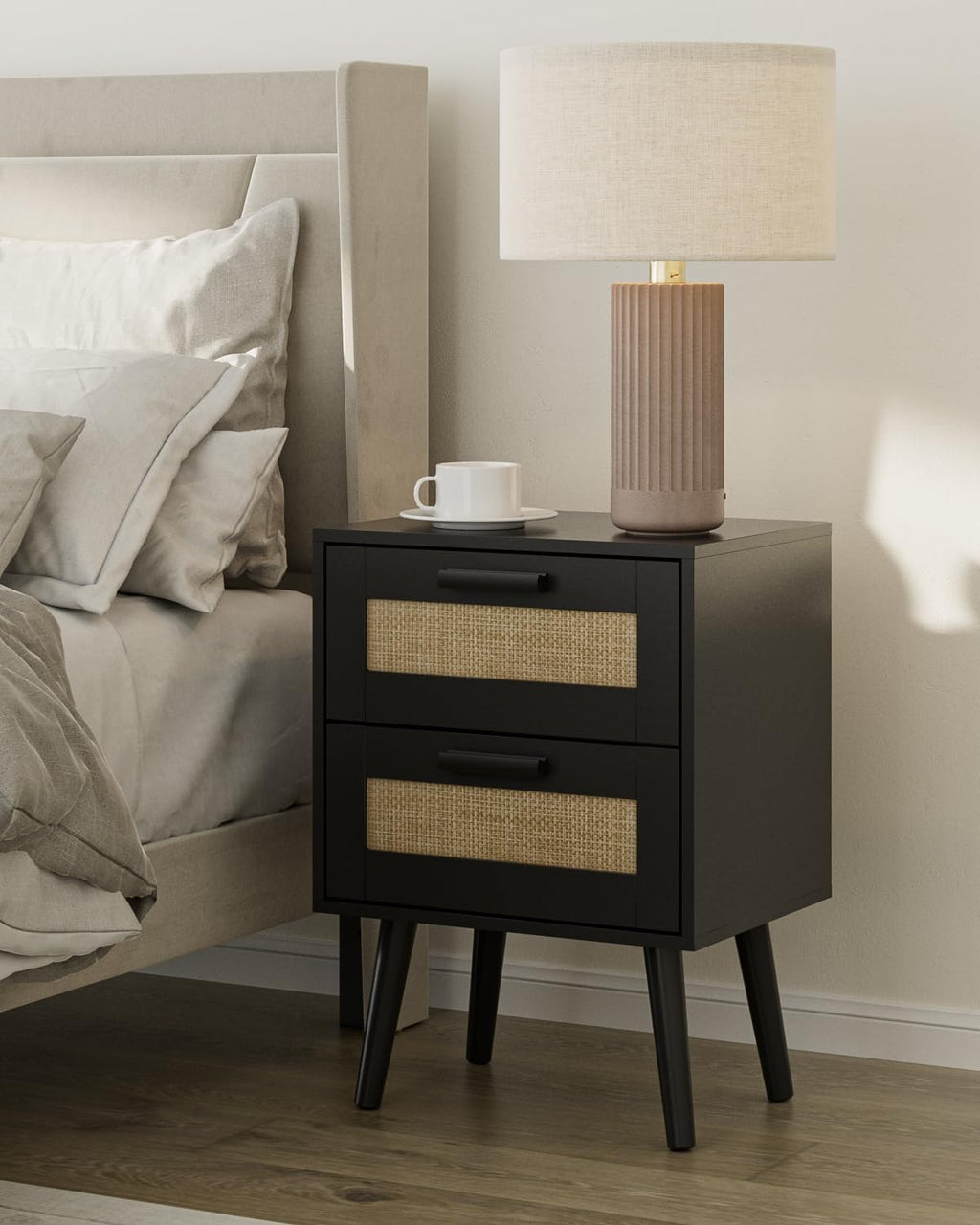 Black Rattan 2‑Drawer Bedroom Nightstand Table
