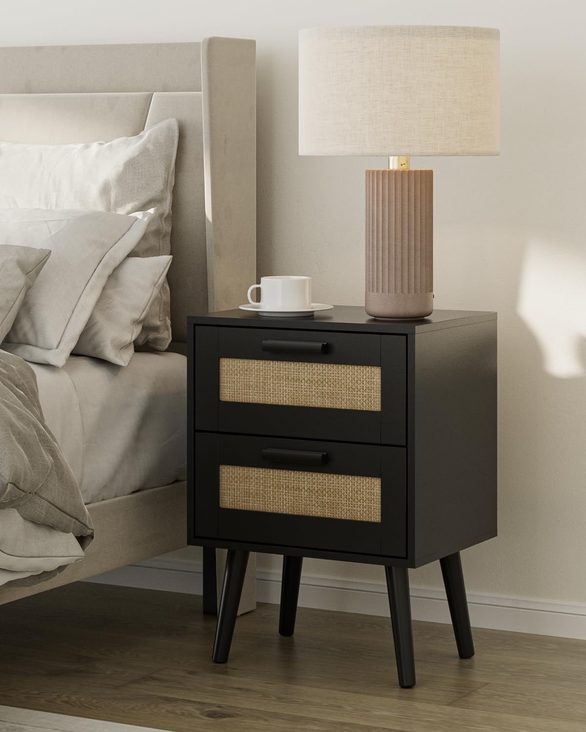 Black Rattan 2‑Drawer Bedroom Nightstand Table