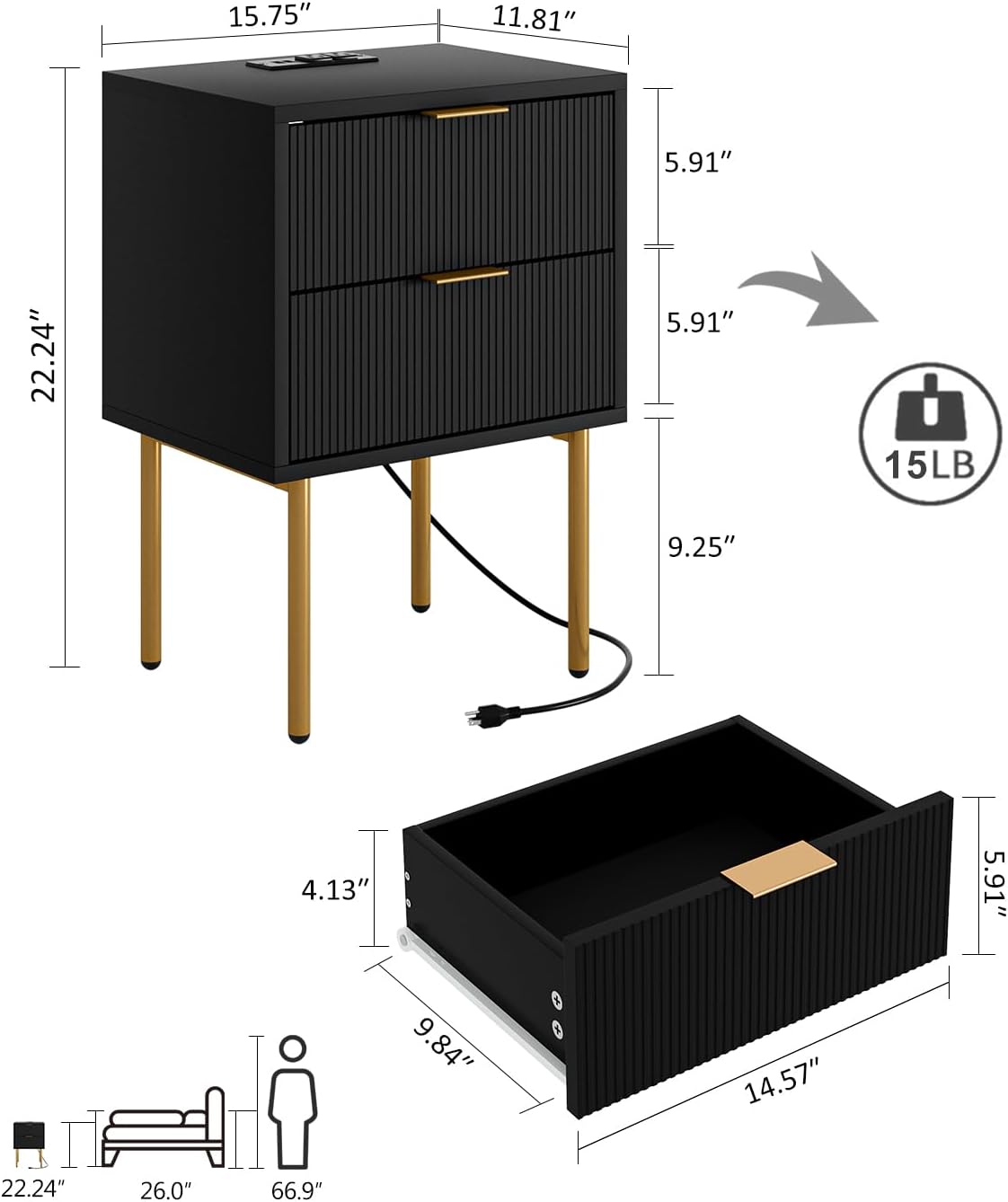 Black Charging‑Station Bedroom Nightstand Table