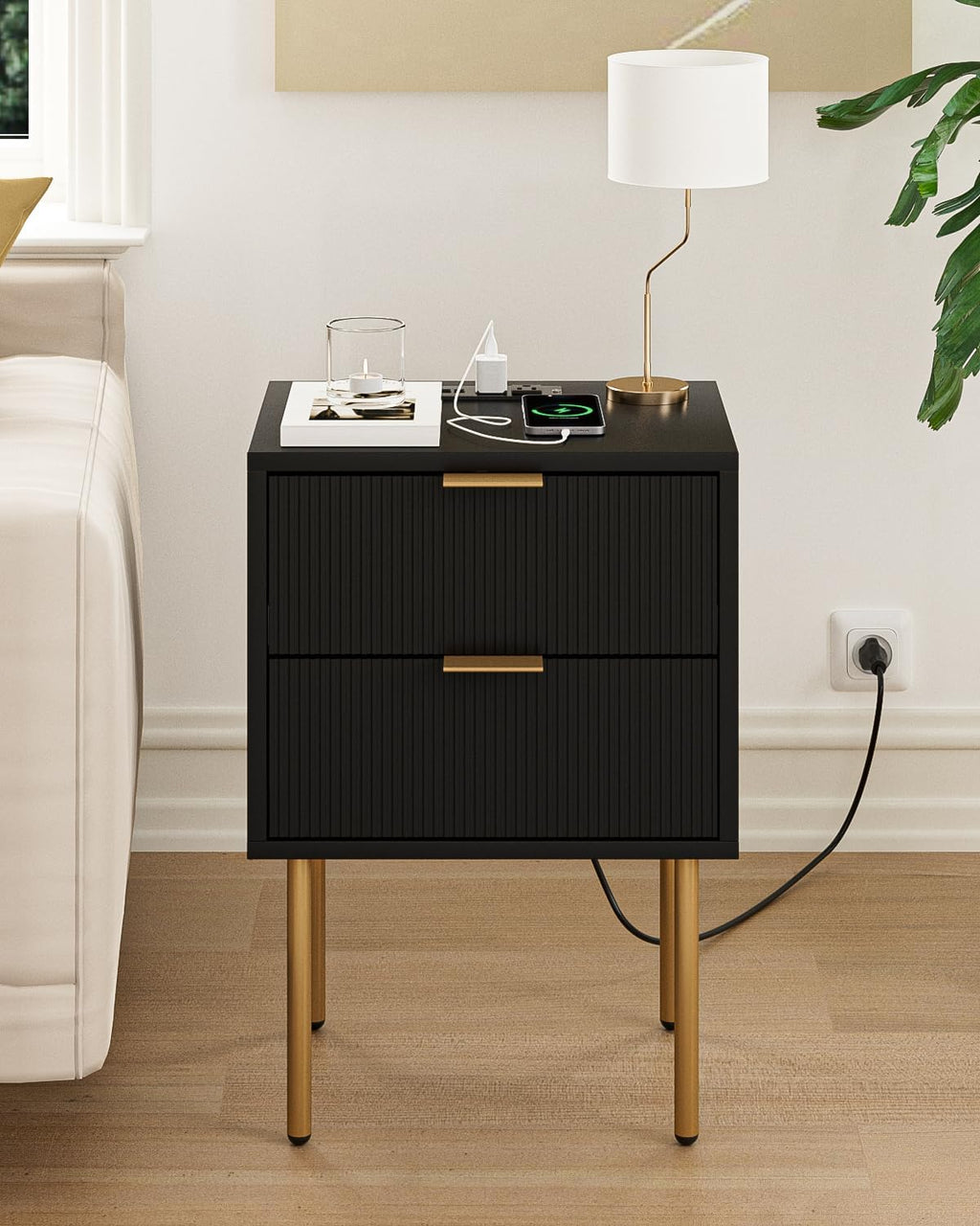 Black Charging‑Station Bedroom Nightstand Table