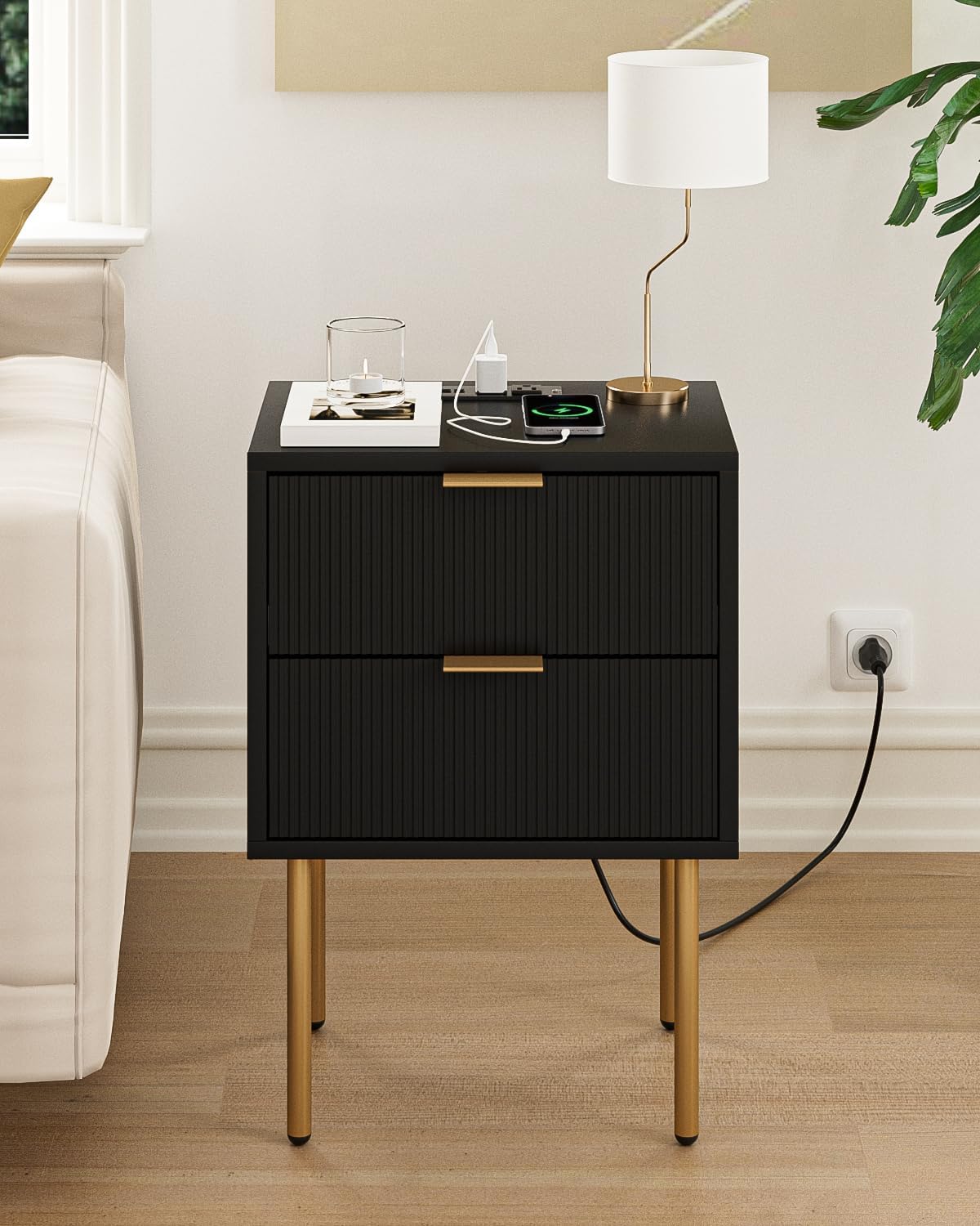 Black Charging‑Station Bedroom Nightstand Table