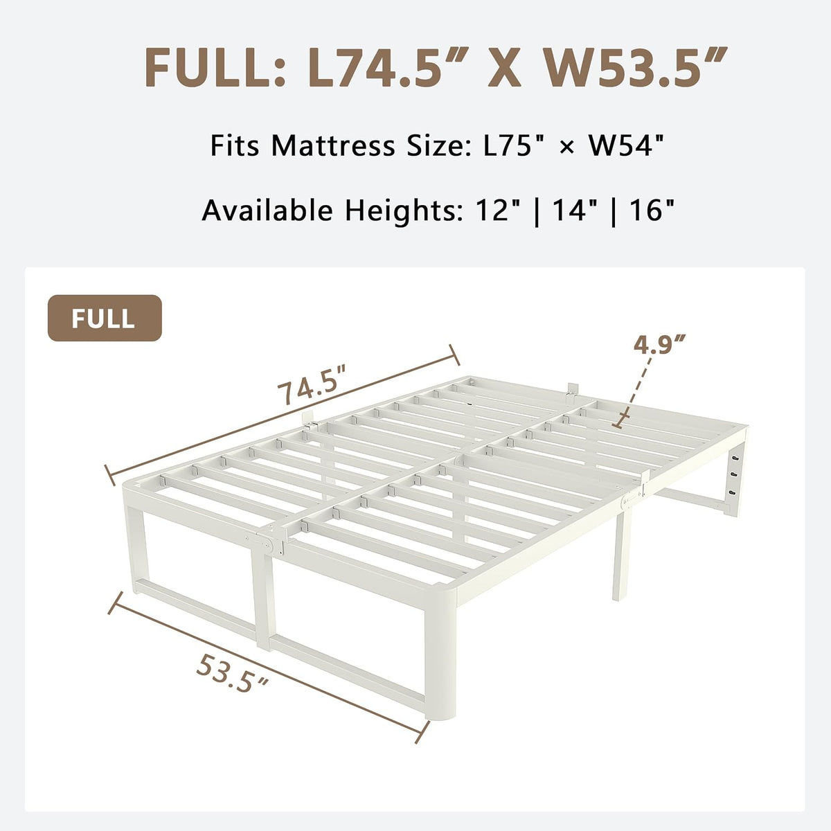 White Full‑Size Metal Platform Bed Frame