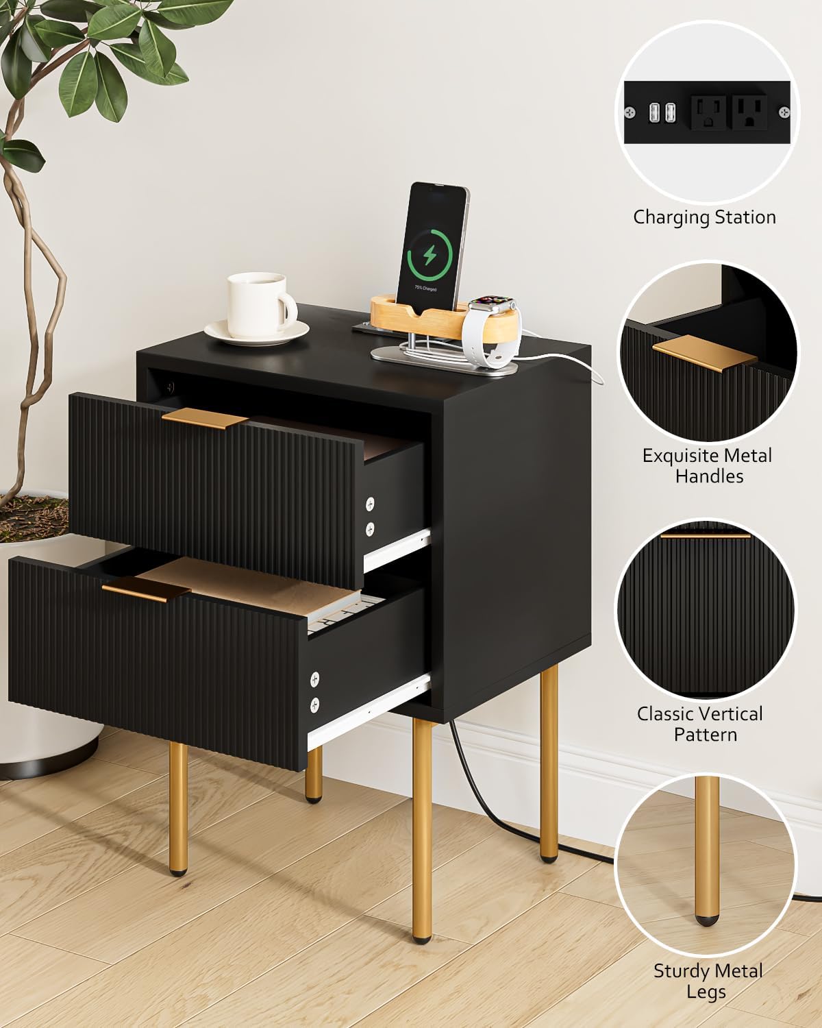Black Charging‑Station Bedroom Nightstand Table