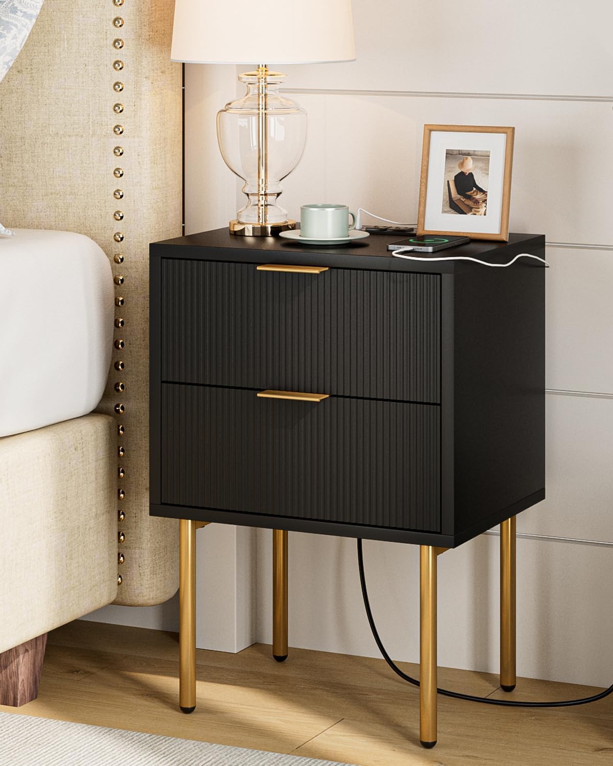 Black Charging‑Station Bedroom Nightstand Table