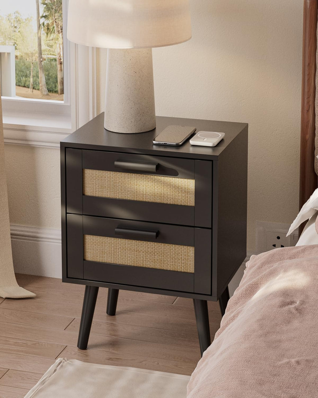 Black Rattan 2‑Drawer Bedroom Nightstand Table