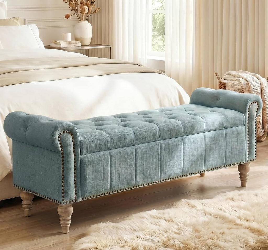 Blue Tufted Upholstered Storage Bench