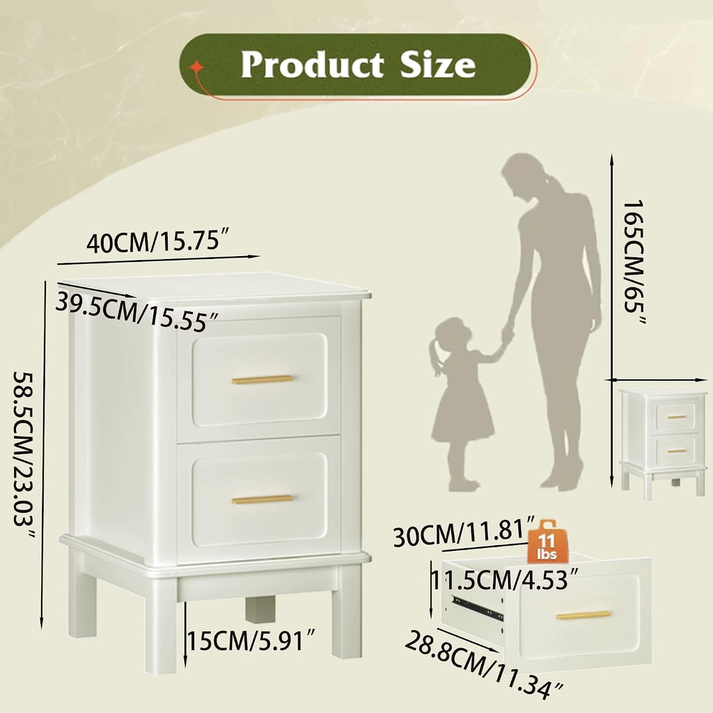 Cream 2‑Drawer Bedroom Storage Nightstand Table