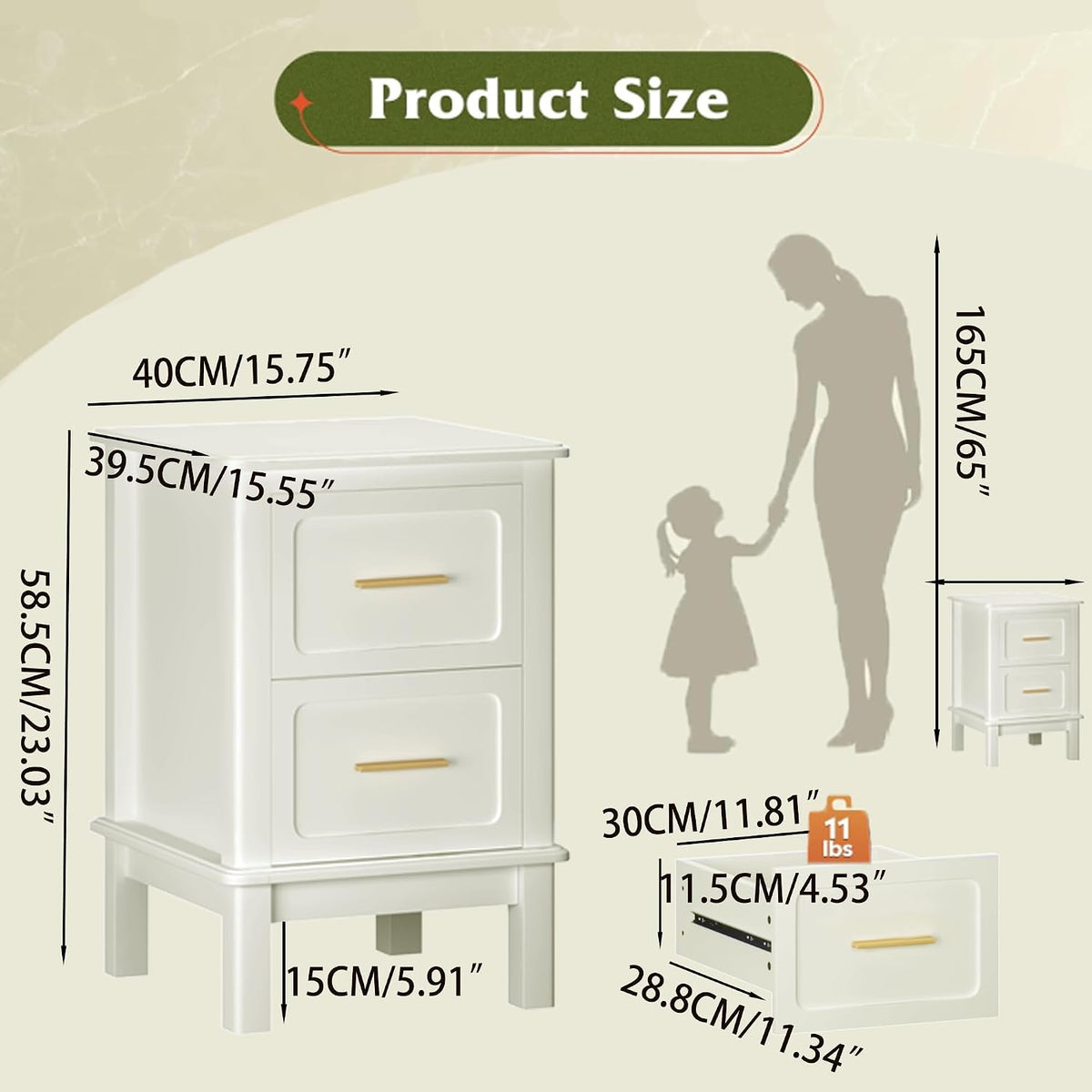 Cream 2‑Drawer Bedroom Storage Nightstand Table