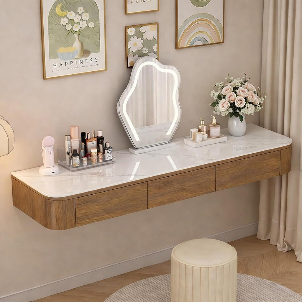 Walnut Wall‑Mounted Floating Makeup Vanity Desk