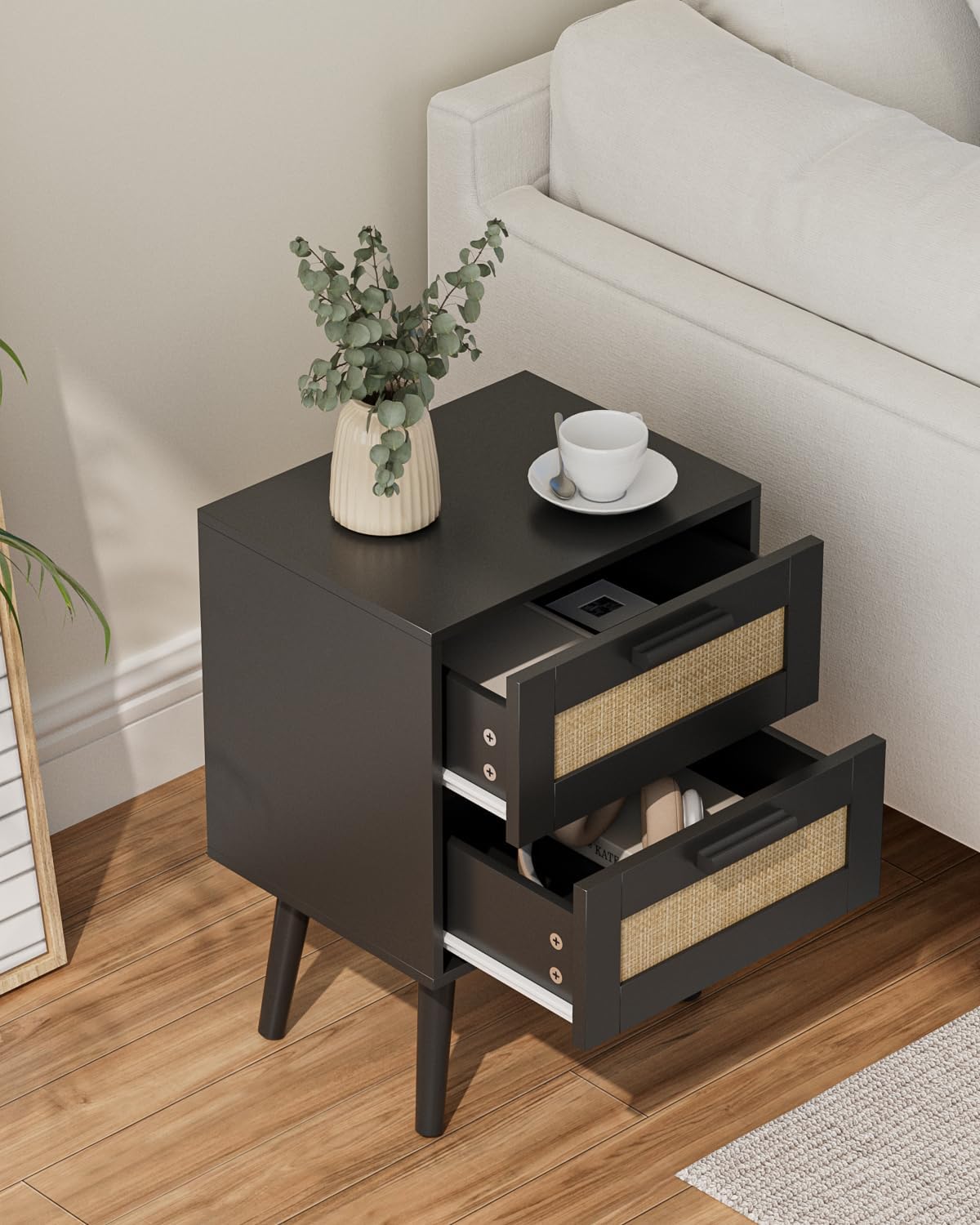 Black Rattan 2‑Drawer Bedroom Nightstand Table