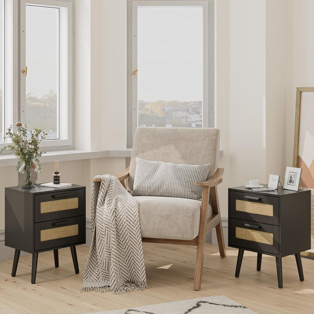 Black Rattan 2‑Drawer Bedroom Nightstand Table