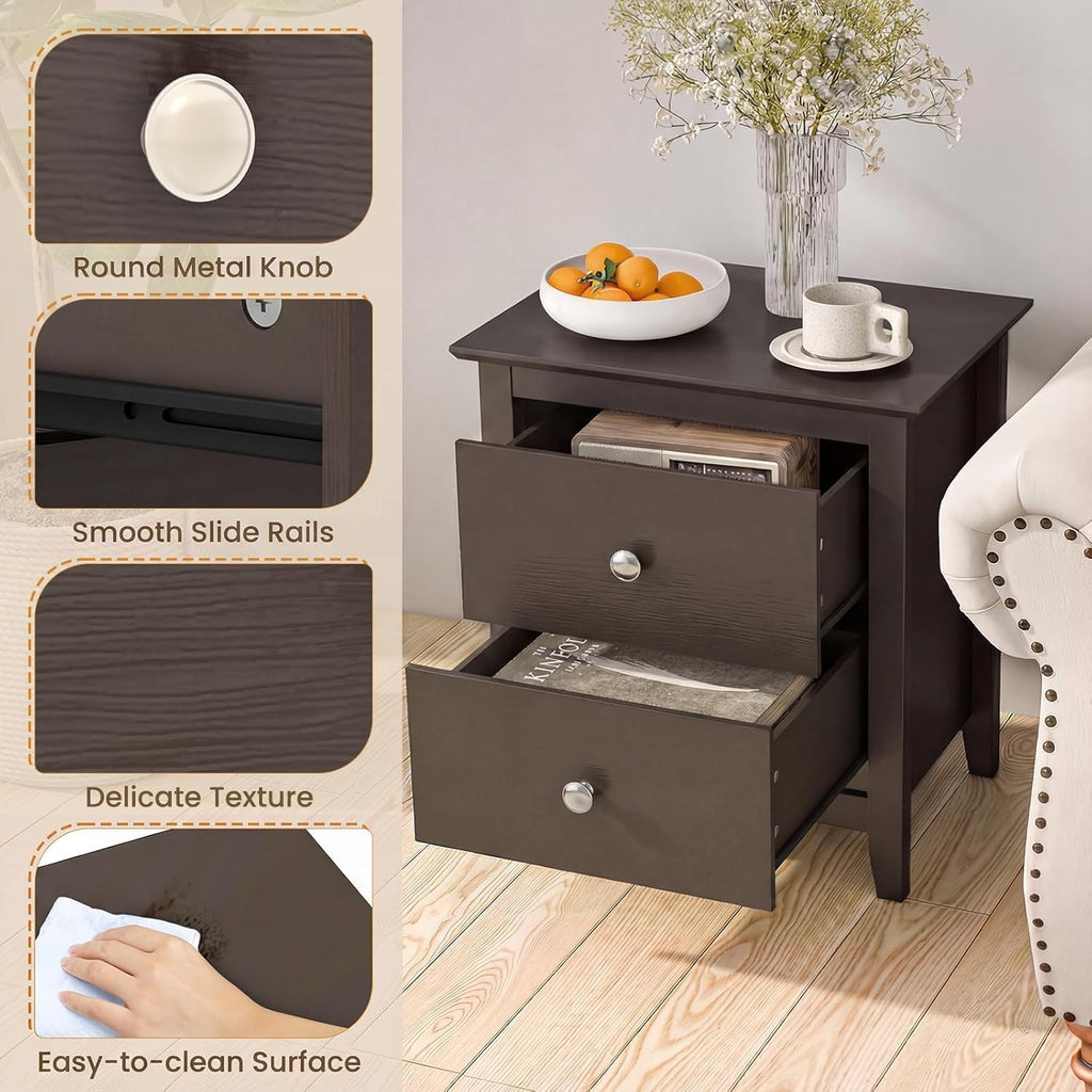 Espresso 2‑Drawer Bedroom Nightstand Side Table