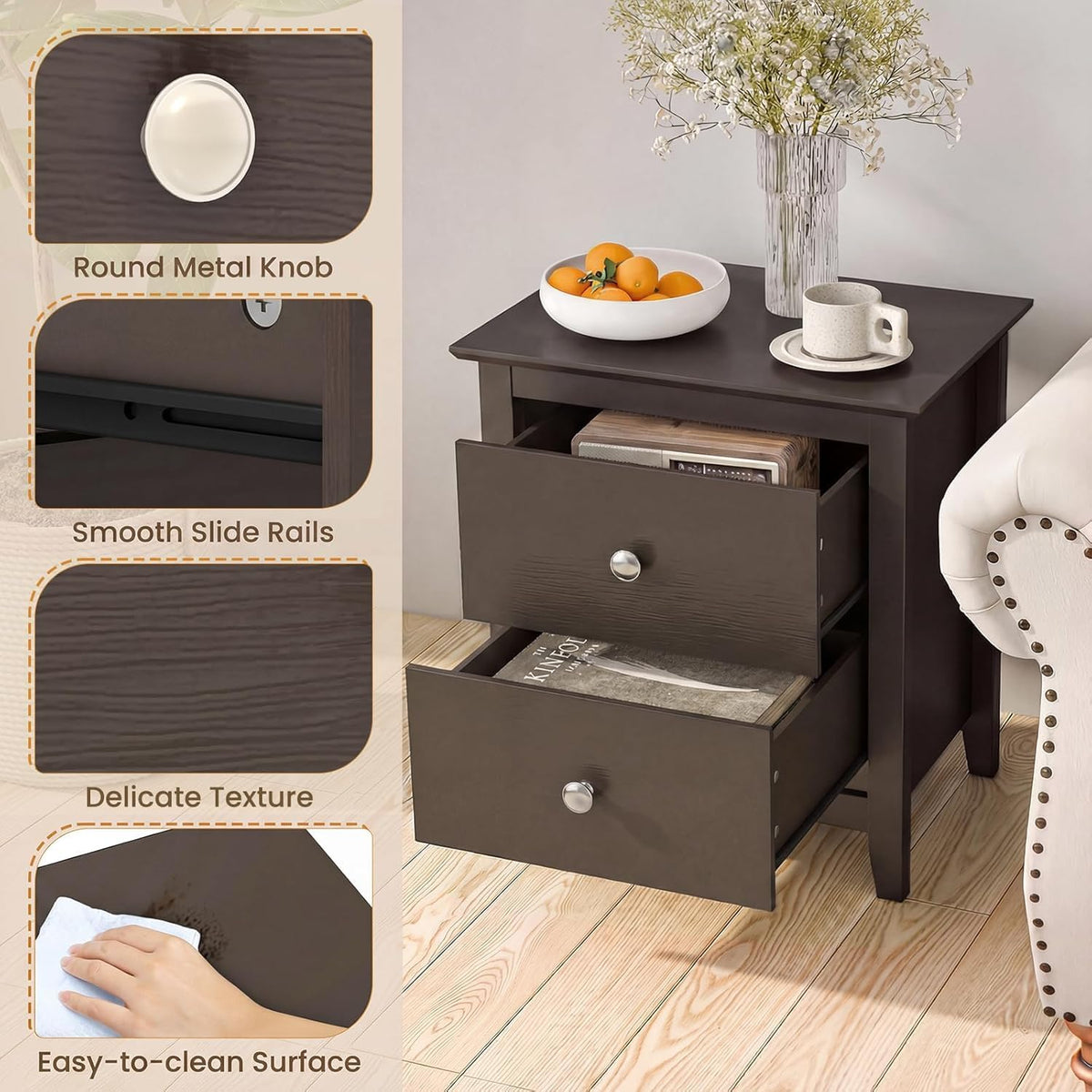 Espresso 2‑Drawer Bedroom Nightstand Side Table