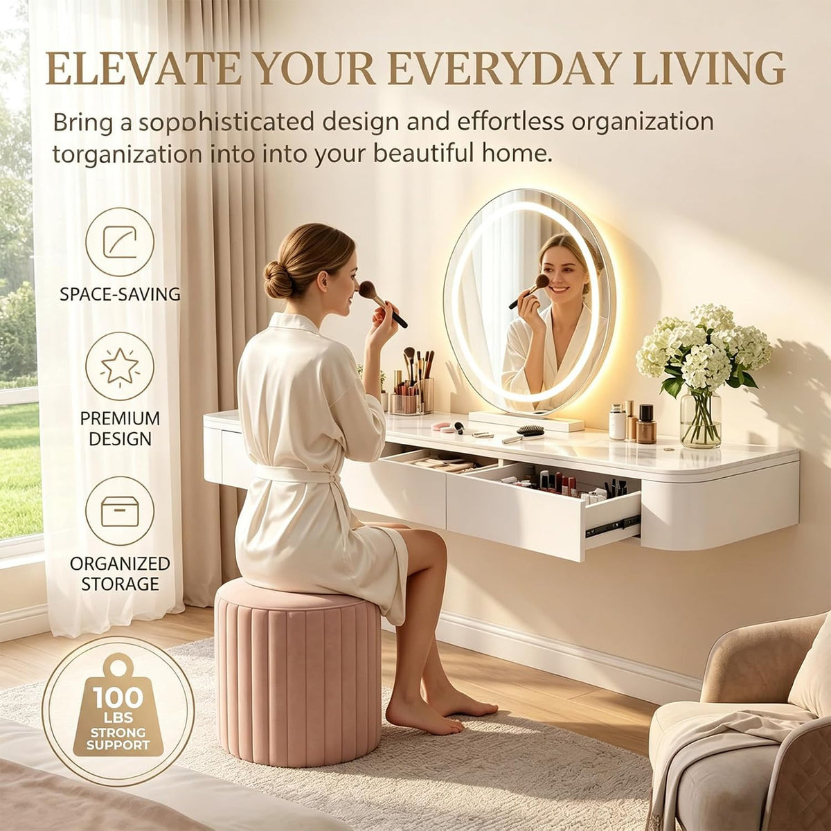 White Wall‑Mounted Floating Makeup Vanity Desk