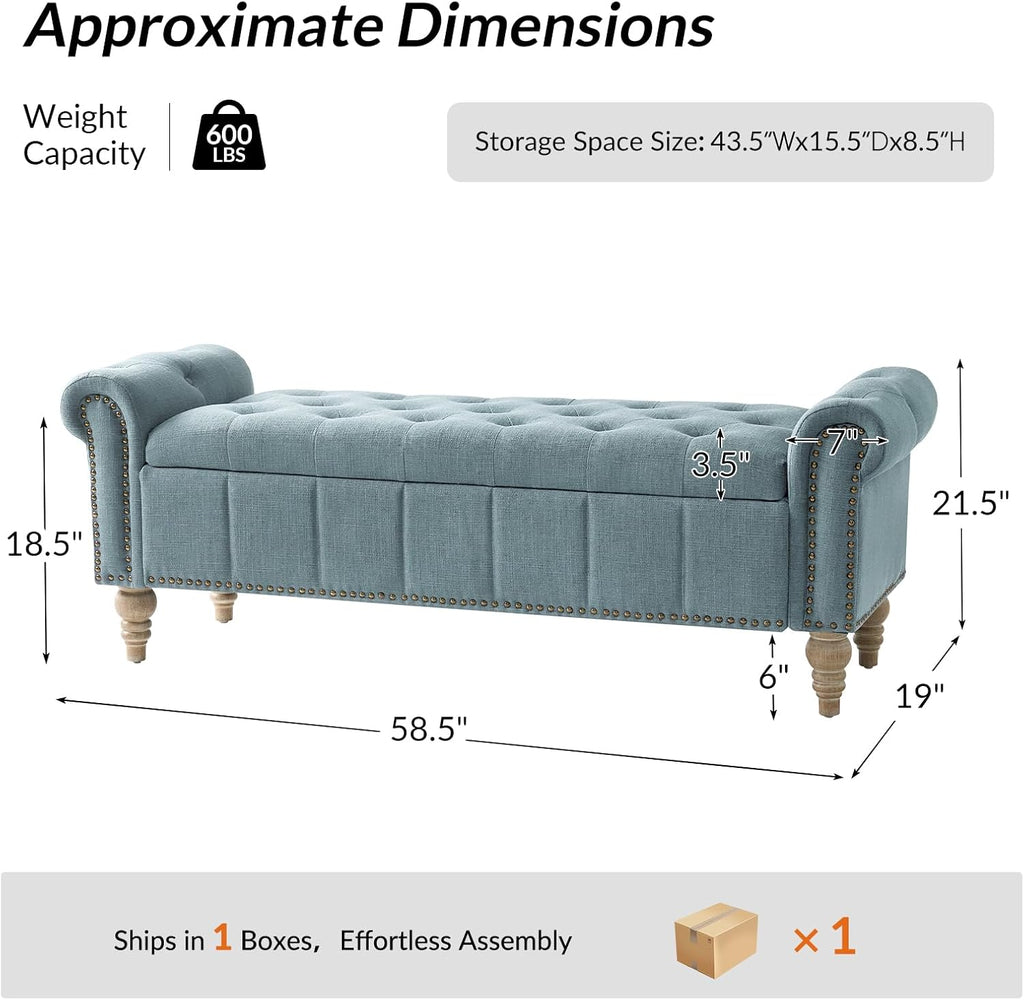 Blue Tufted Upholstered Storage Bench