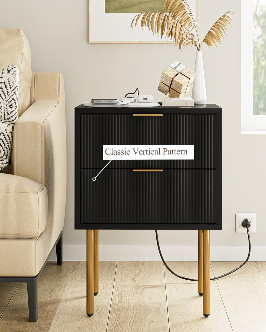 Black Charging‑Station Bedroom Nightstand Table