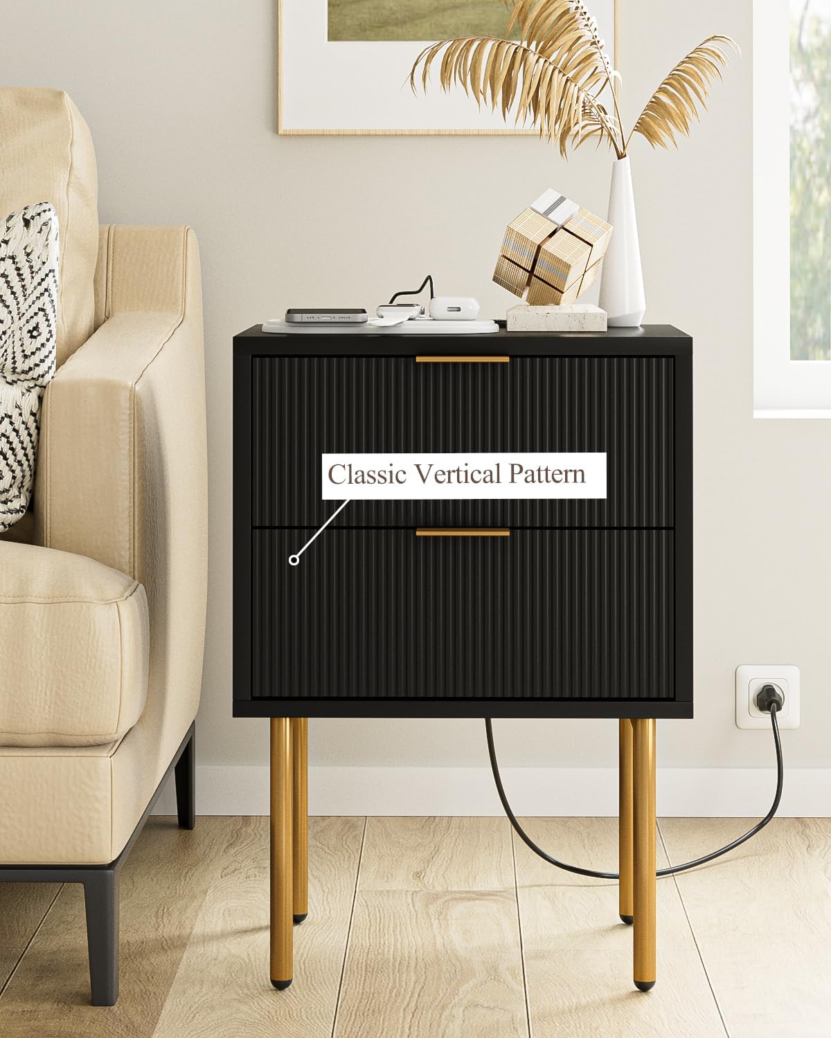 Black Charging‑Station Bedroom Nightstand Table