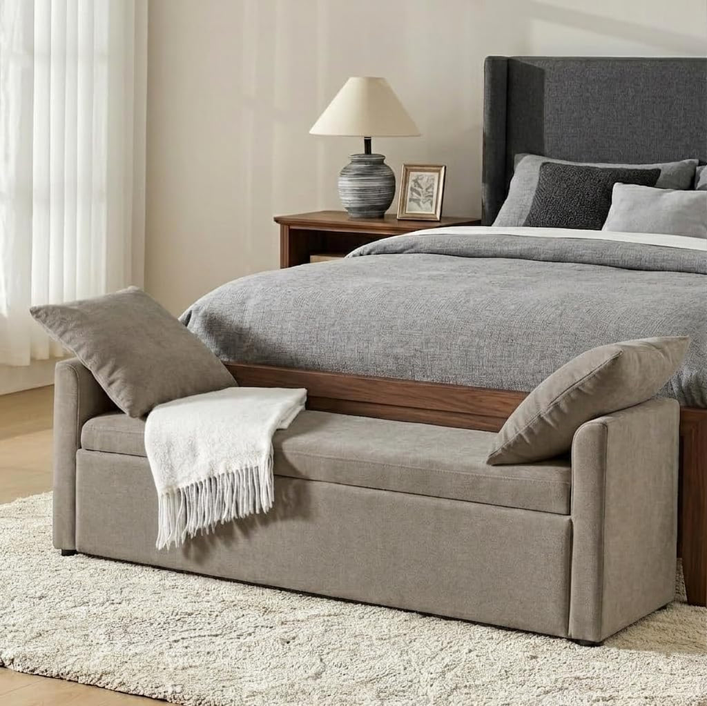 Brown Armrest Upholstered Storage Bench