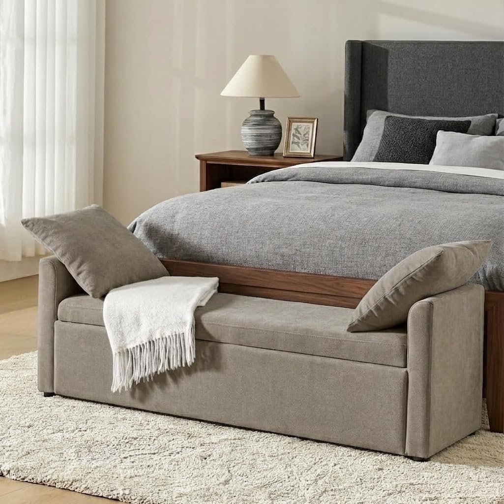 Brown Armrest Upholstered Storage Bench