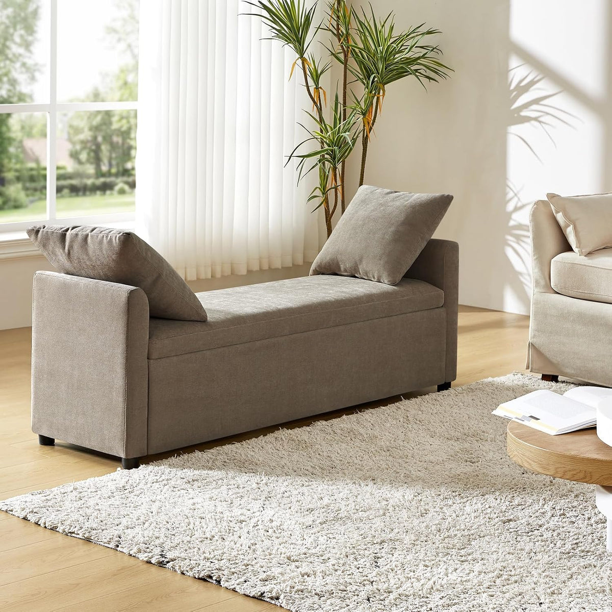 Brown Armrest Upholstered Storage Bench