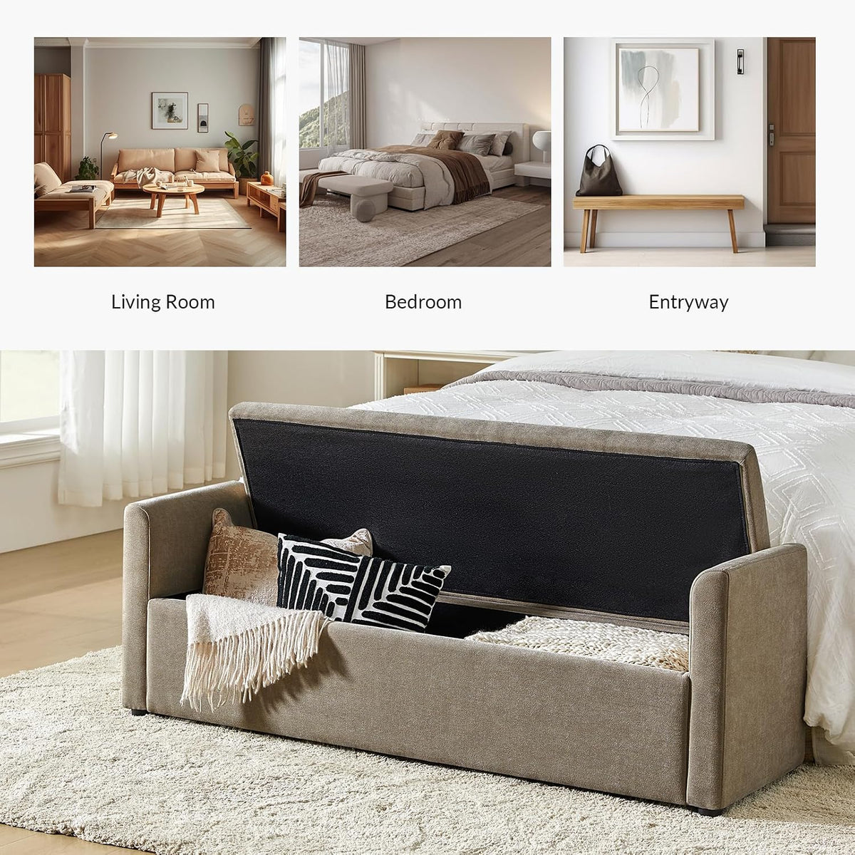 Brown Armrest Upholstered Storage Bench