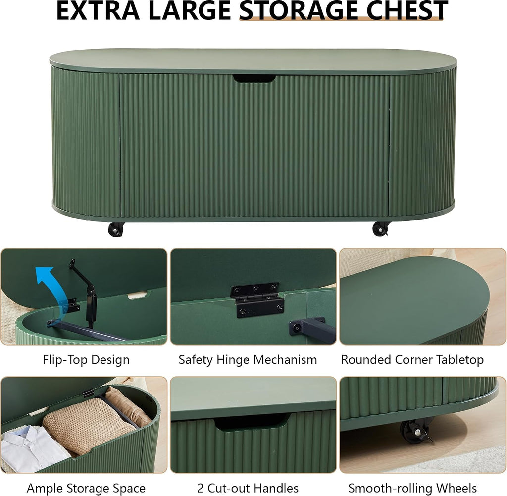 Green Wheeled Oval Storage Ottoman Bench