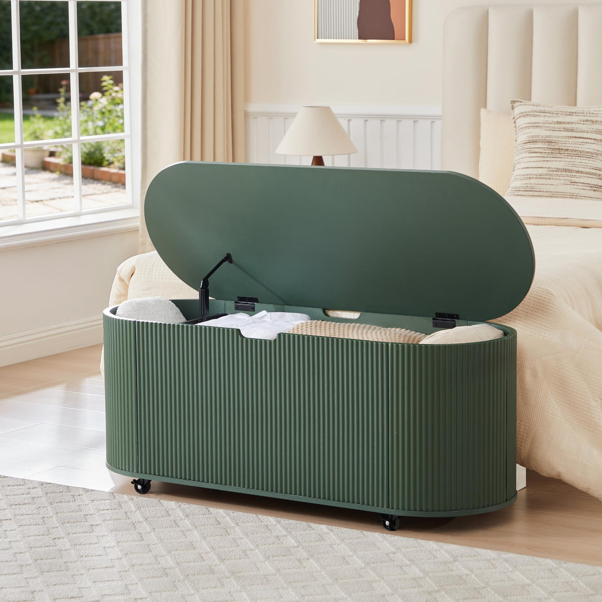 Green Wheeled Oval Storage Ottoman Bench