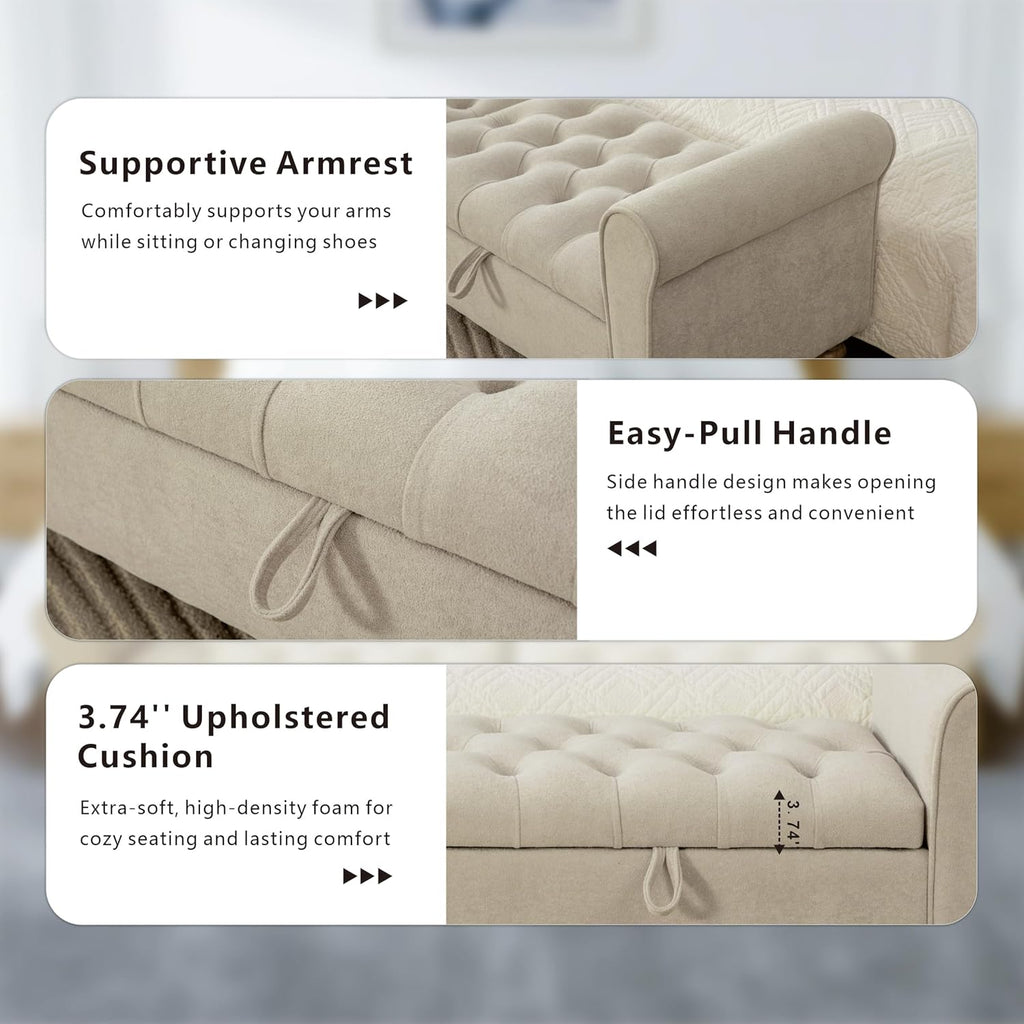 Greige Tufted Long Storage Ottoman Bench