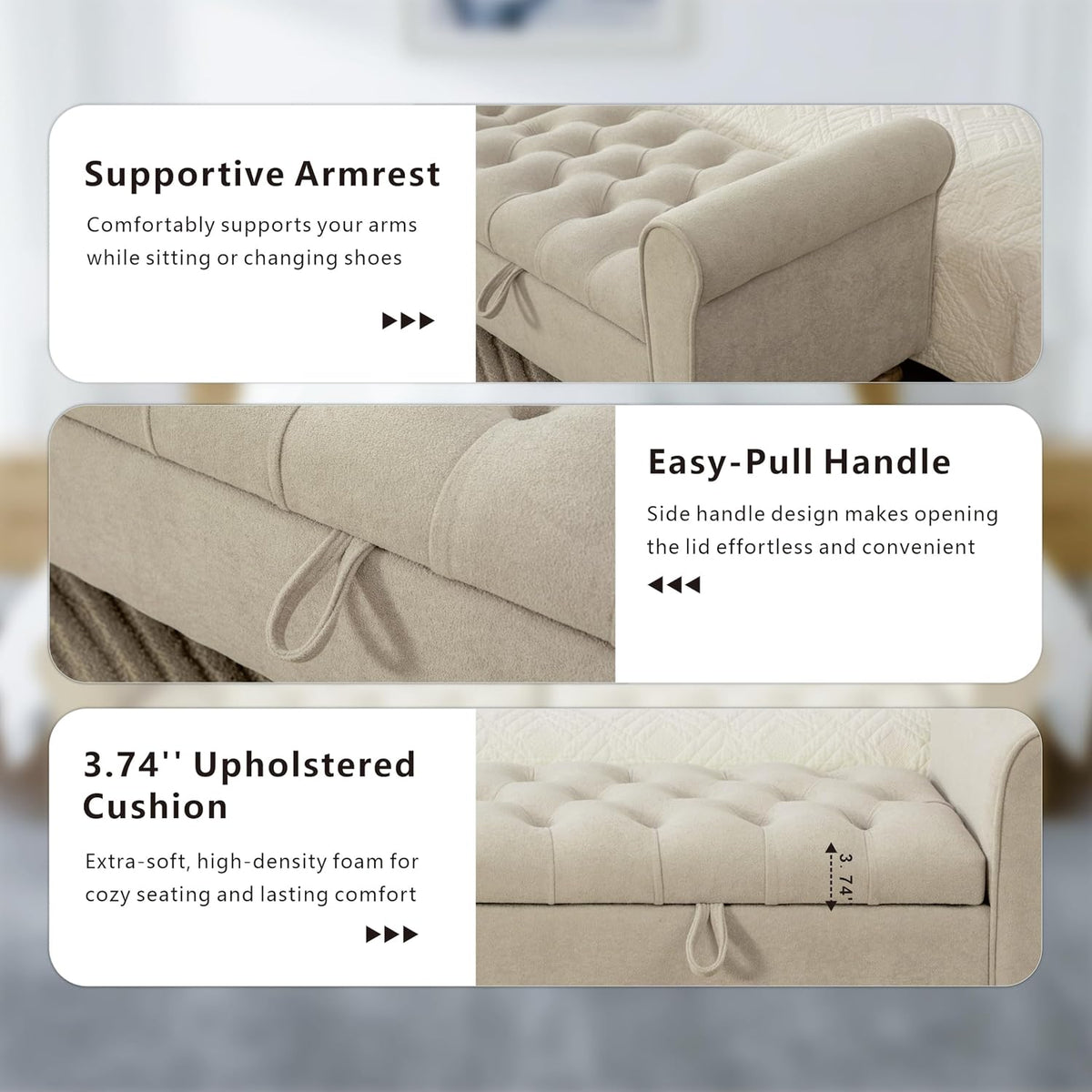 Greige Tufted Long Storage Ottoman Bench