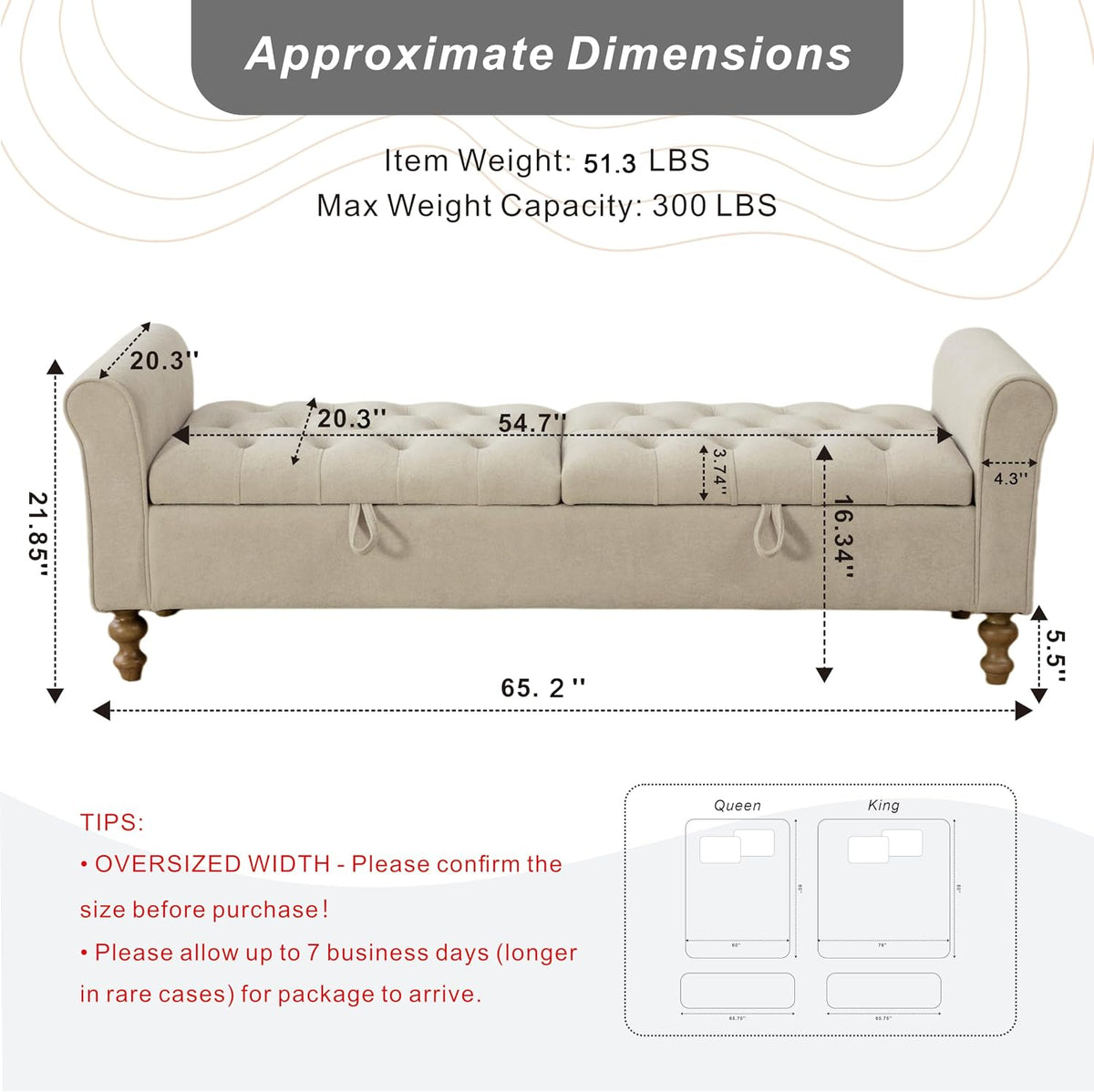 Greige Tufted Long Storage Ottoman Bench