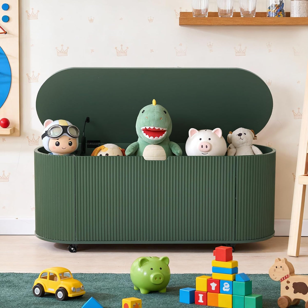Green Wheeled Oval Storage Ottoman Bench