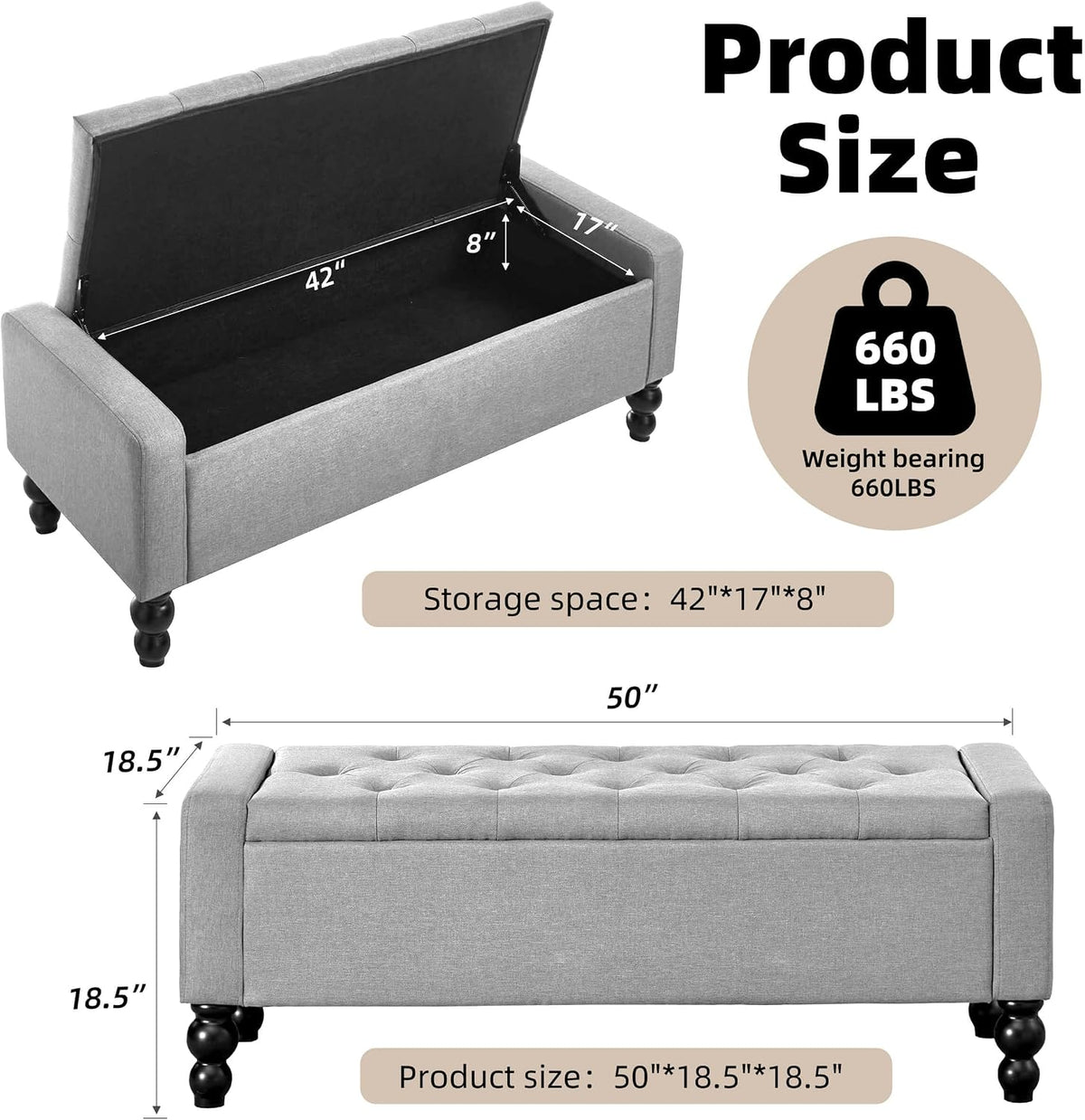 Light Gray Tufted Storage Ottoman Bench