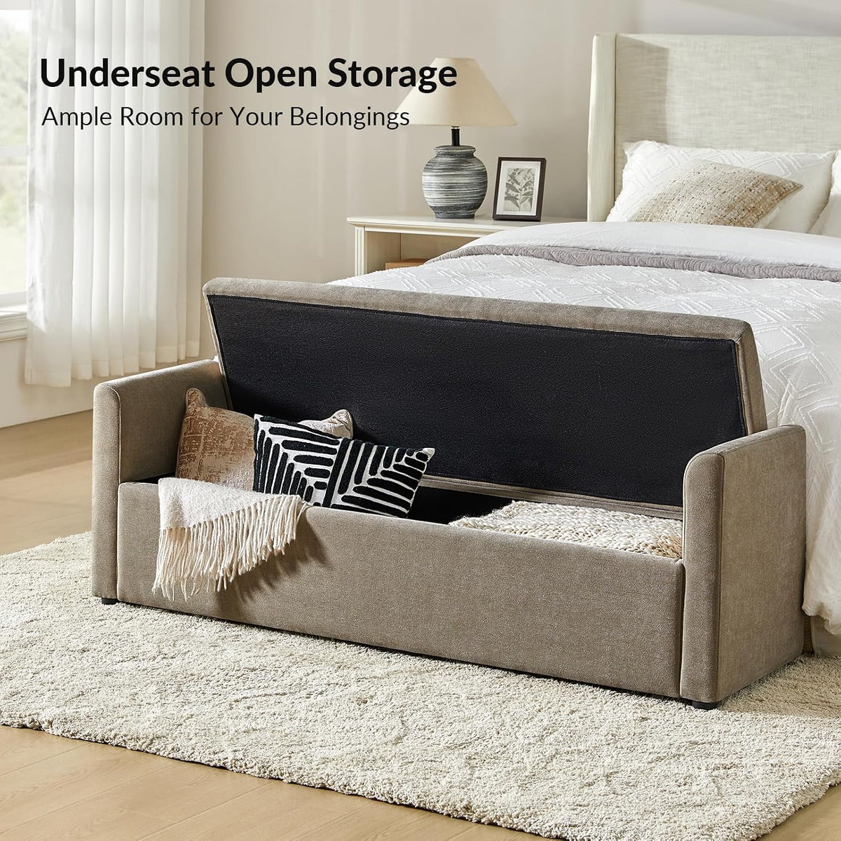 Brown Armrest Upholstered Storage Bench