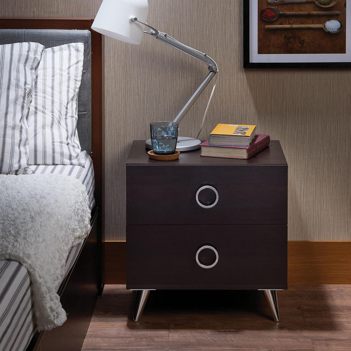 Espresso Wooden Drawer Bedroom Nightstand Table