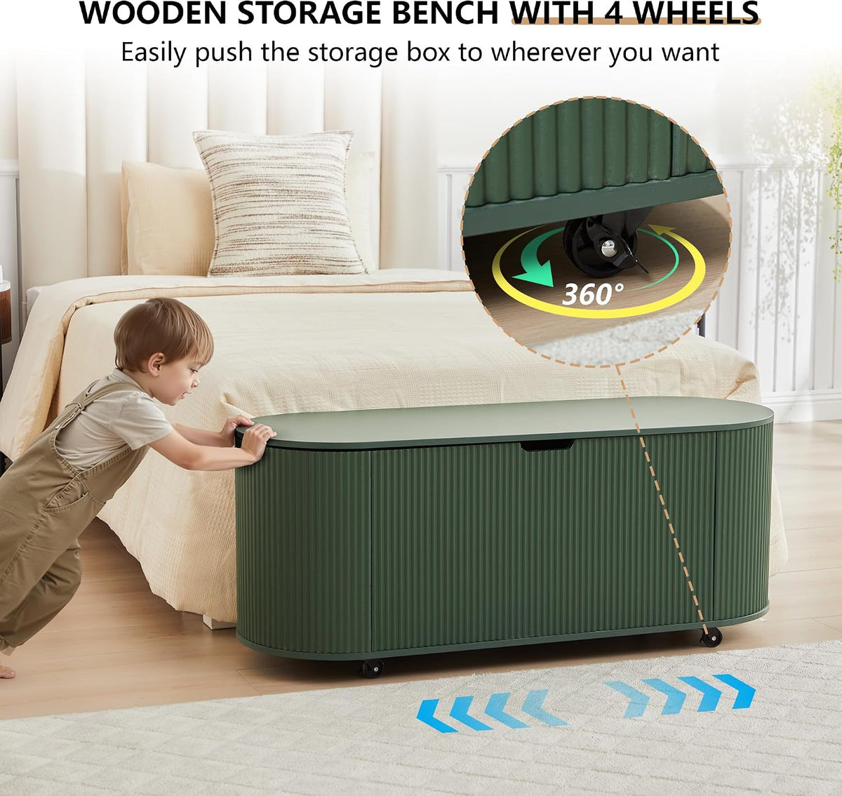 Green Wheeled Oval Storage Ottoman Bench