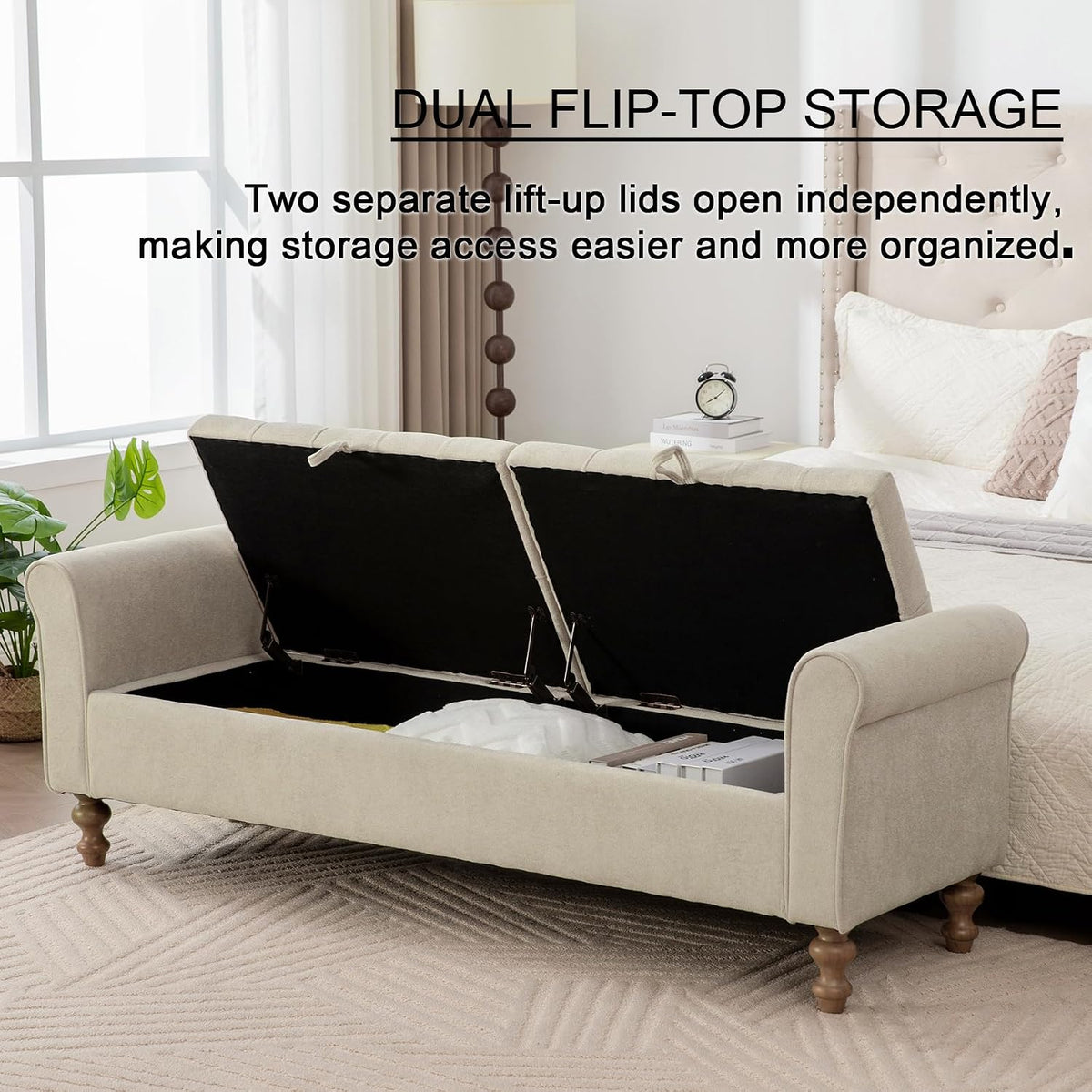 Greige Tufted Long Storage Ottoman Bench