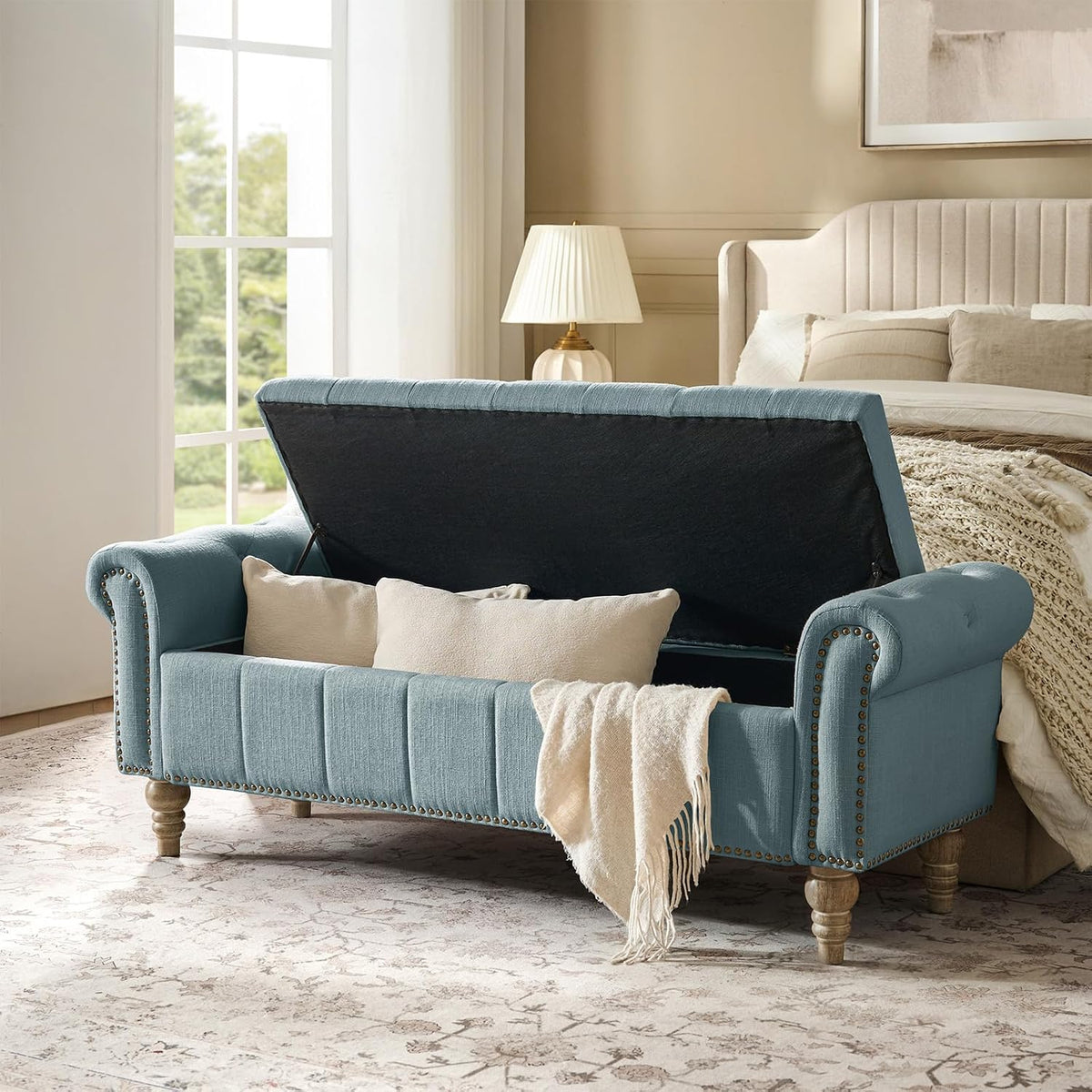 Blue Tufted Upholstered Storage Bench