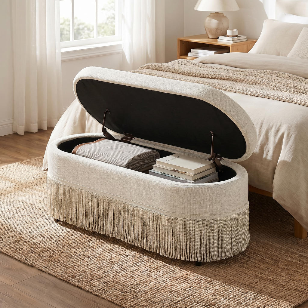 Beige Upholstered Storage Ottoman Bench