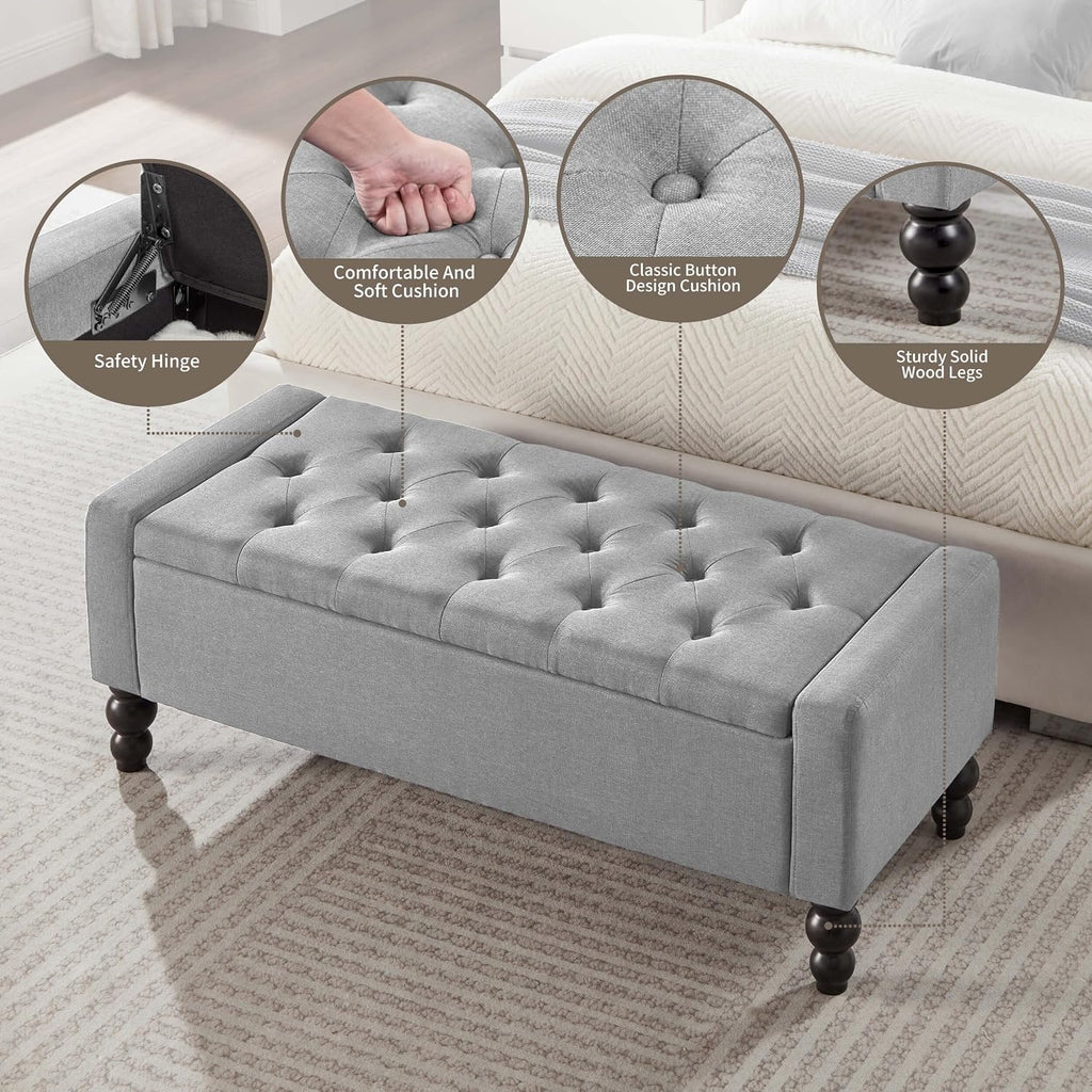 Light Gray Tufted Storage Ottoman Bench
