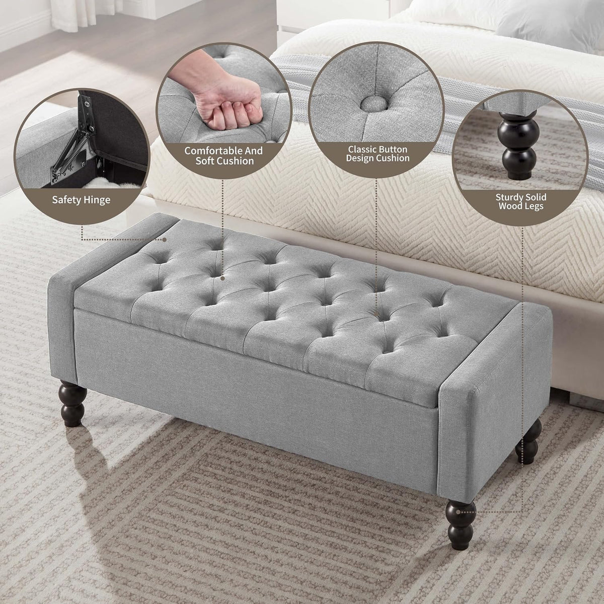 Light Gray Tufted Storage Ottoman Bench
