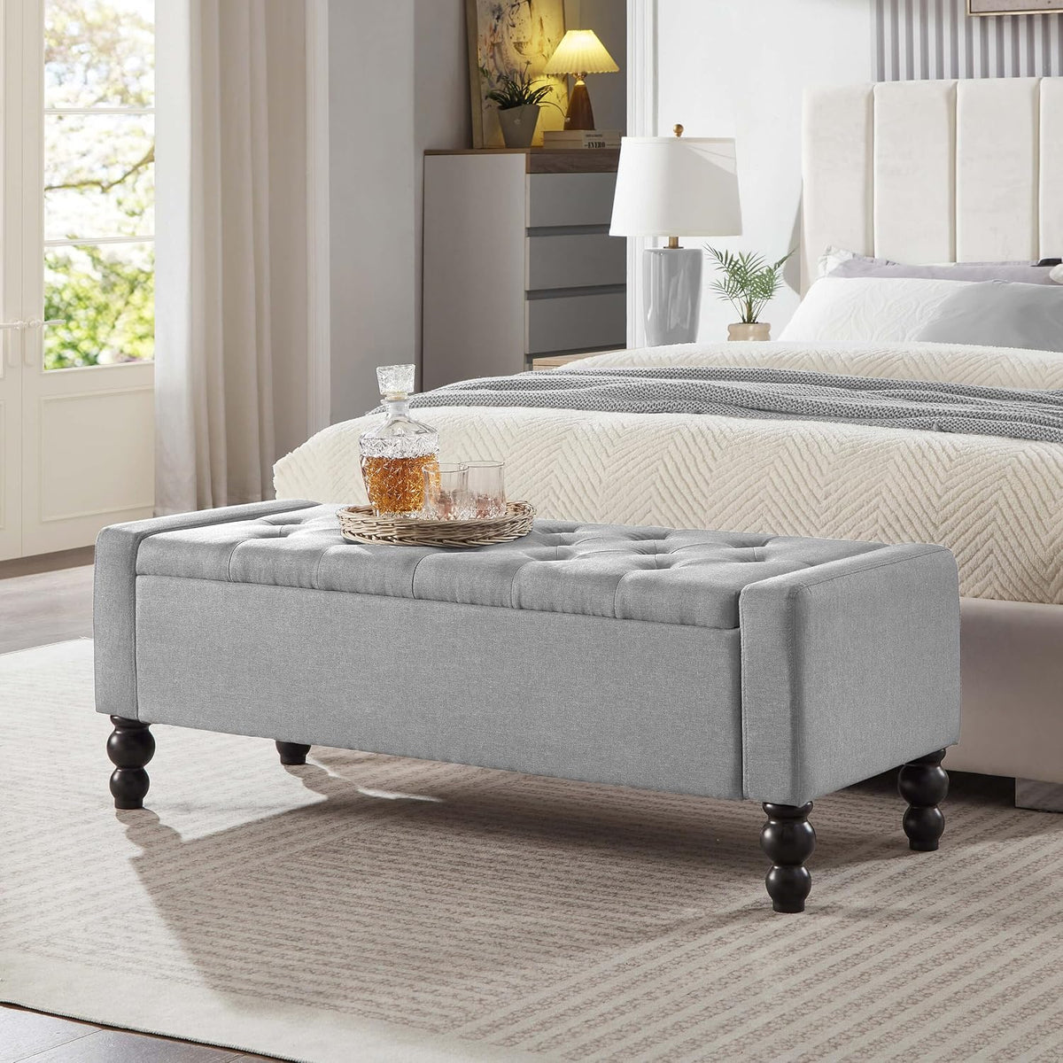 Light Gray Tufted Storage Ottoman Bench