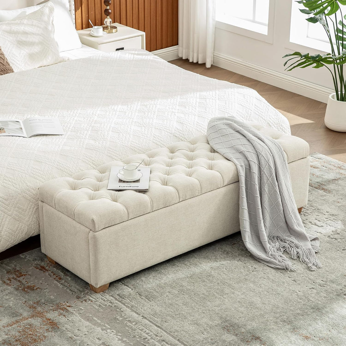 Chenille Upholstered Storage Ottoman Bench