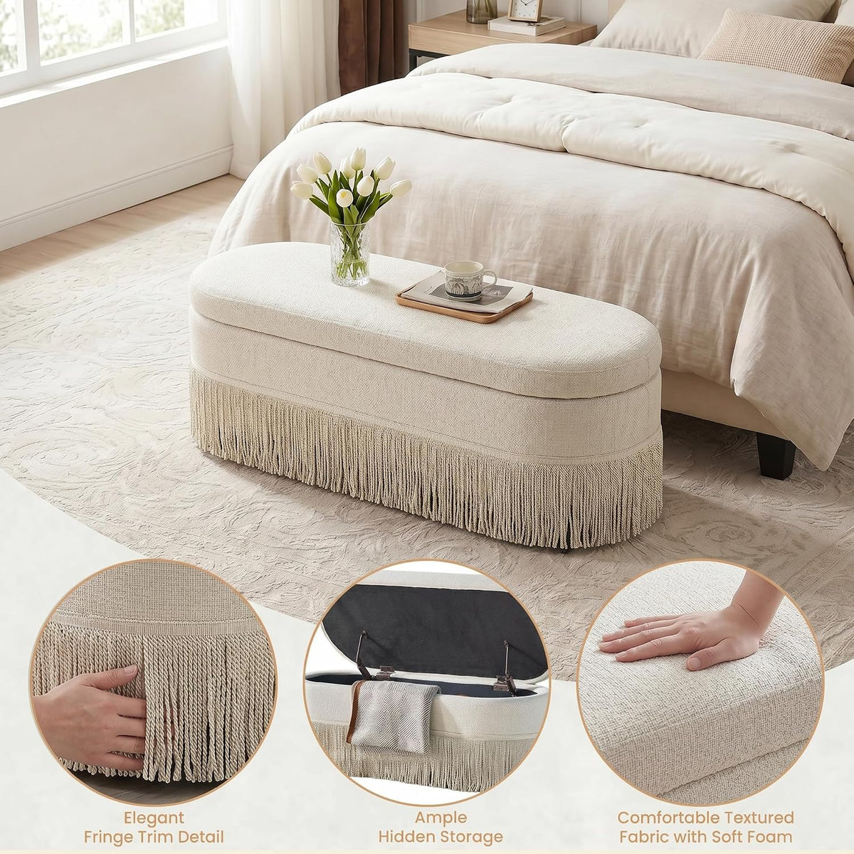 Beige Upholstered Storage Ottoman Bench